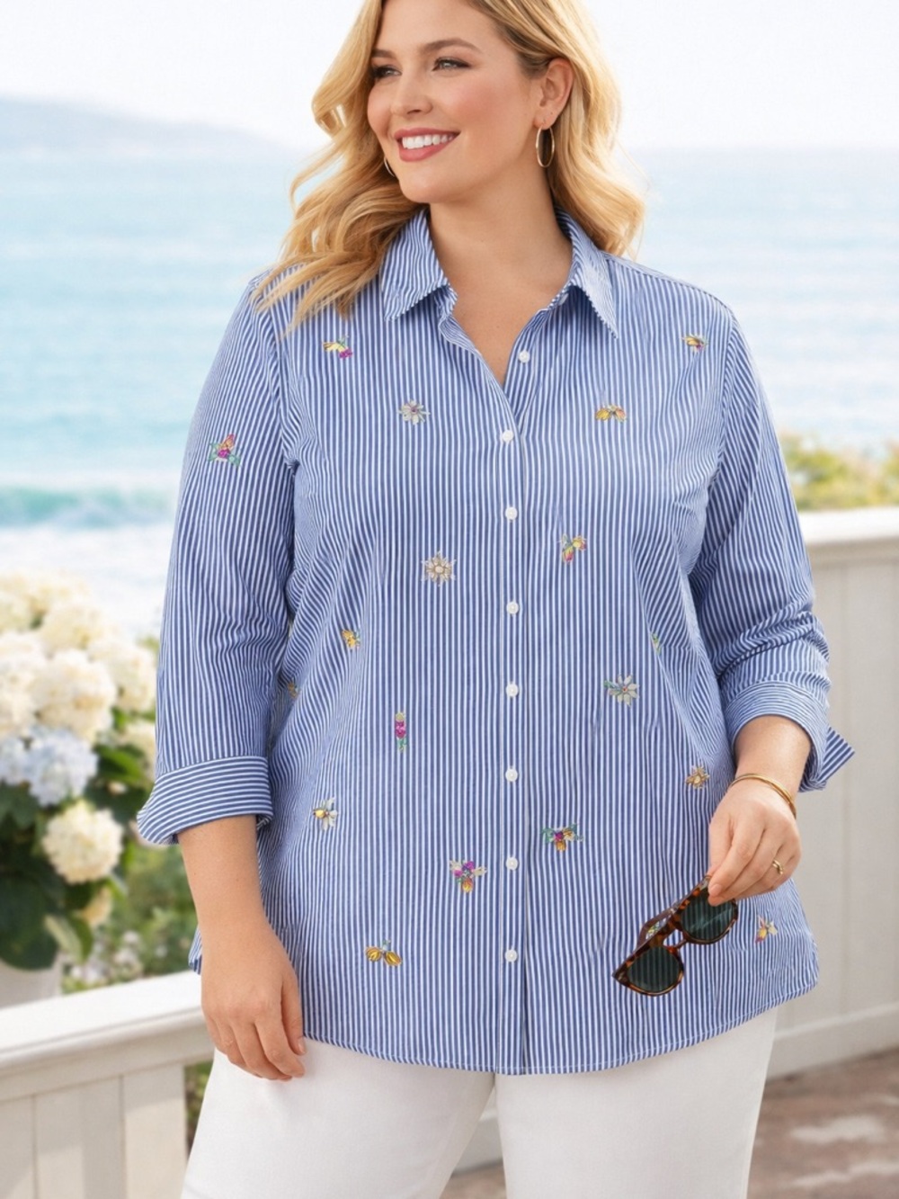 Talbots 3X Embellished Stripe Button Down Shirt Nautical Coastal Chic Bee Floral